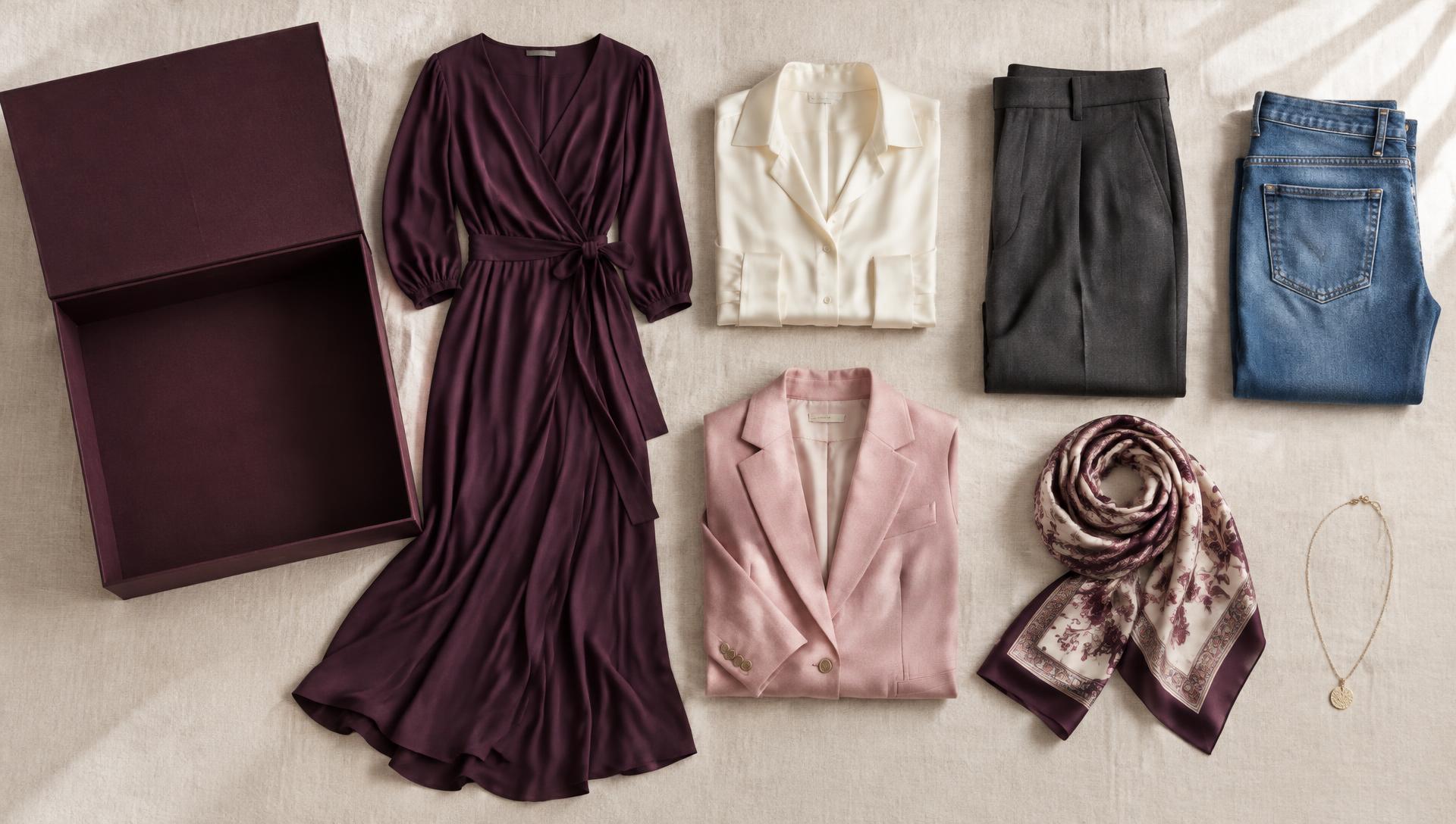 A laydown of an Armoire case beside a plum keepsake box: a plum wrap dress, cream silk blouse, tailored trousers, jeans, blush blazer, printed scarf and gold necklace